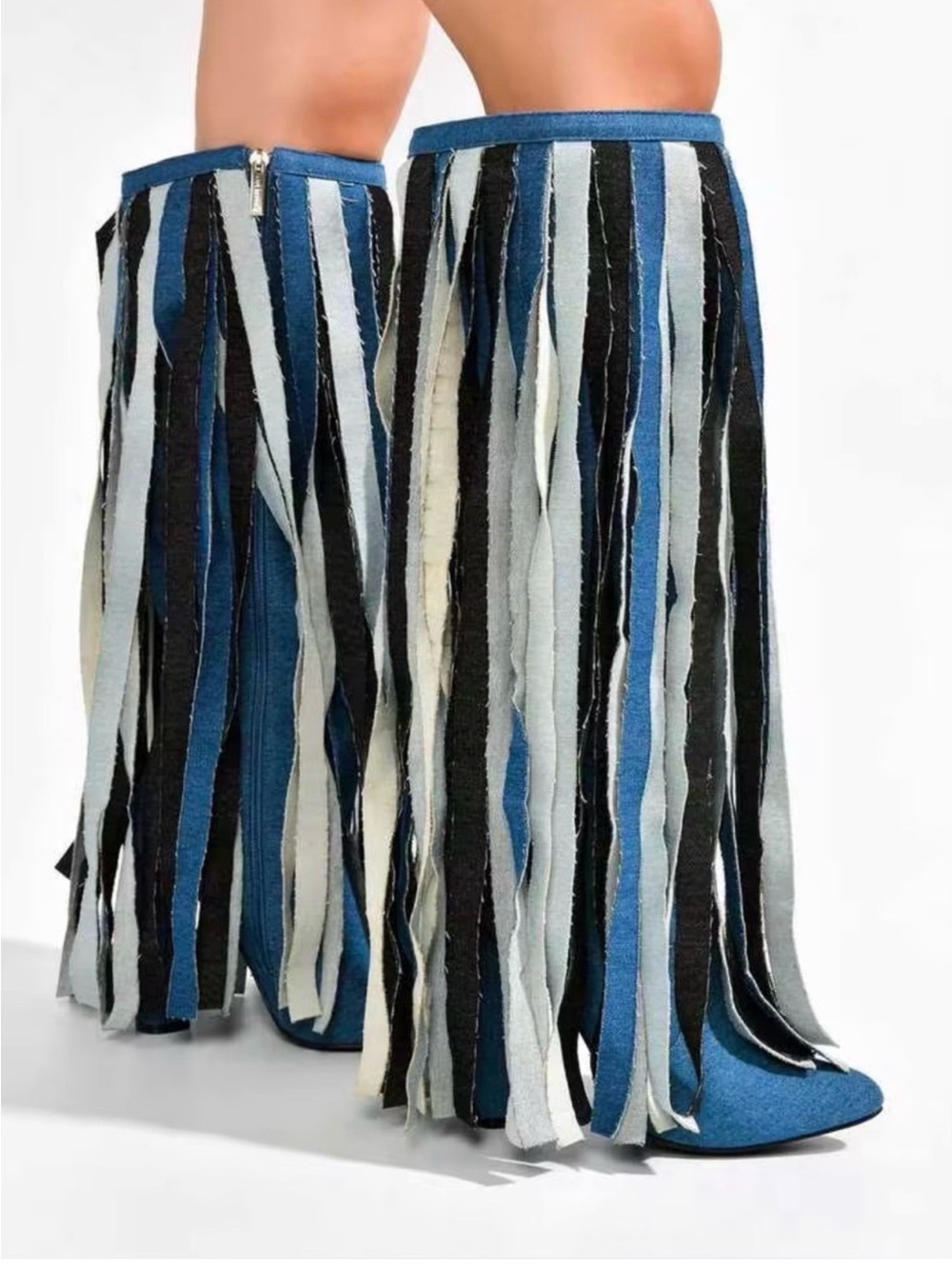 Gorgeous Blue Fringe Knee-High Heeled Boots - Picture 7 of 15